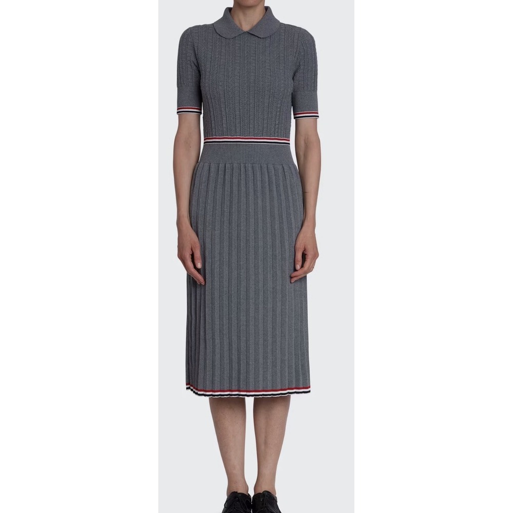 Thom Browne Women's Grey Pleated Cable-Knit Polo Midi Dress Size 42 Italy